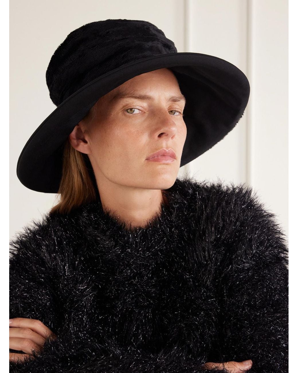 Junya Watanabe Black Plush And Wool-Gabardine Wide Brim Hat