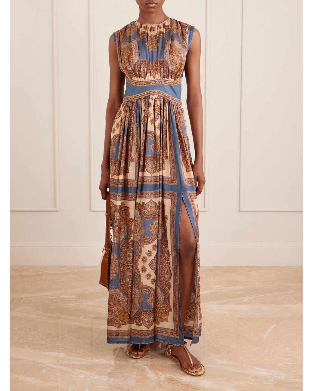Zimmermann Natural Mahon Gathered Printed Silk Maxi Dress