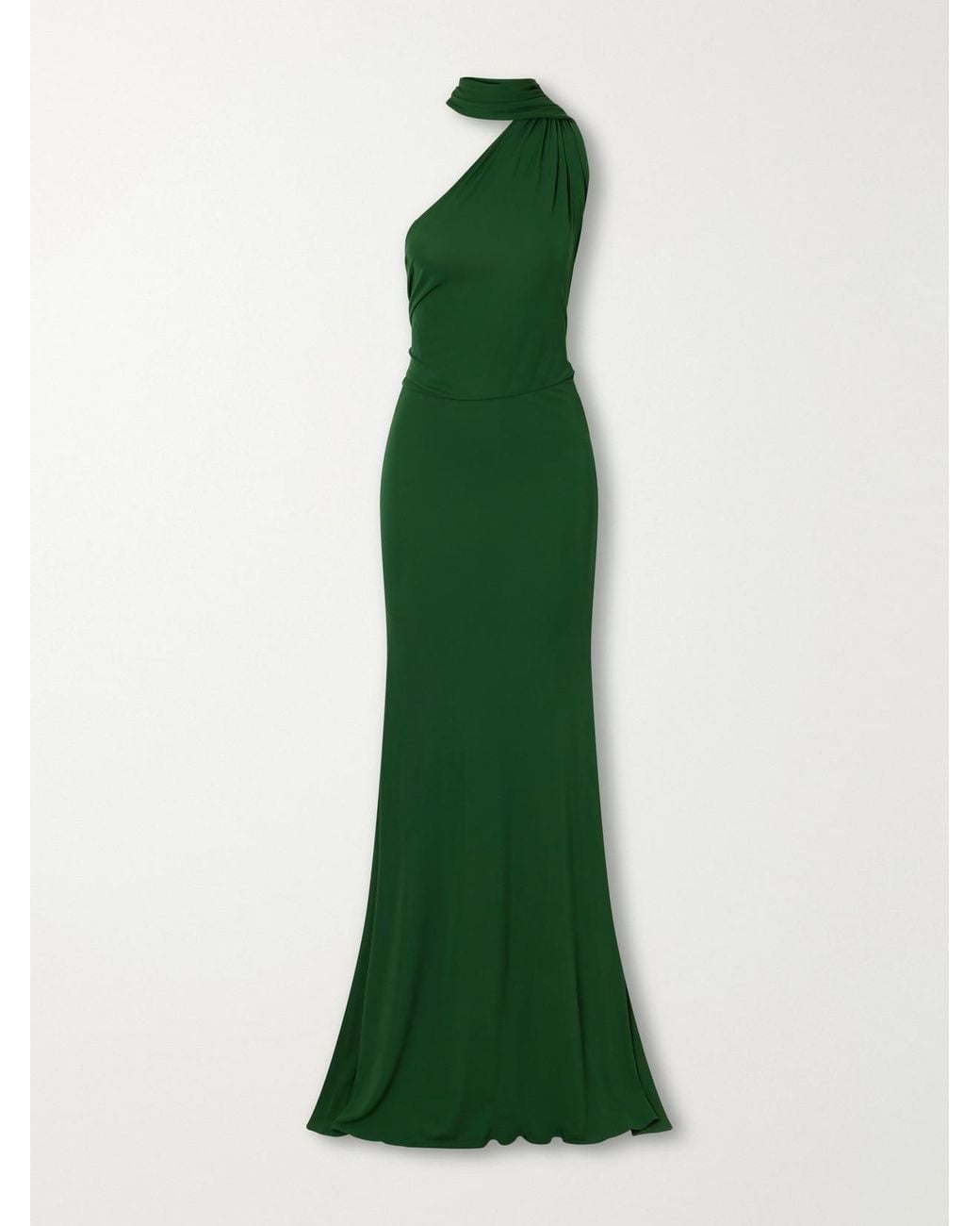 Alex Perry Green Scarf-Detailed One-Shoulder Ruched Jersey Gown