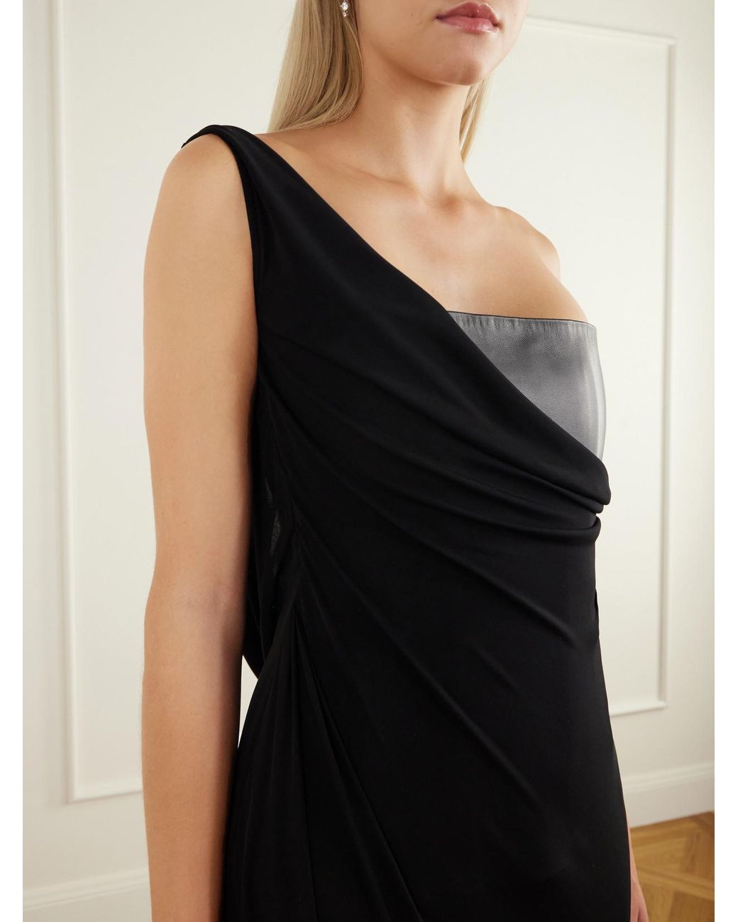 Alex Perry Black Asymmetric Leather And Jersey Gown