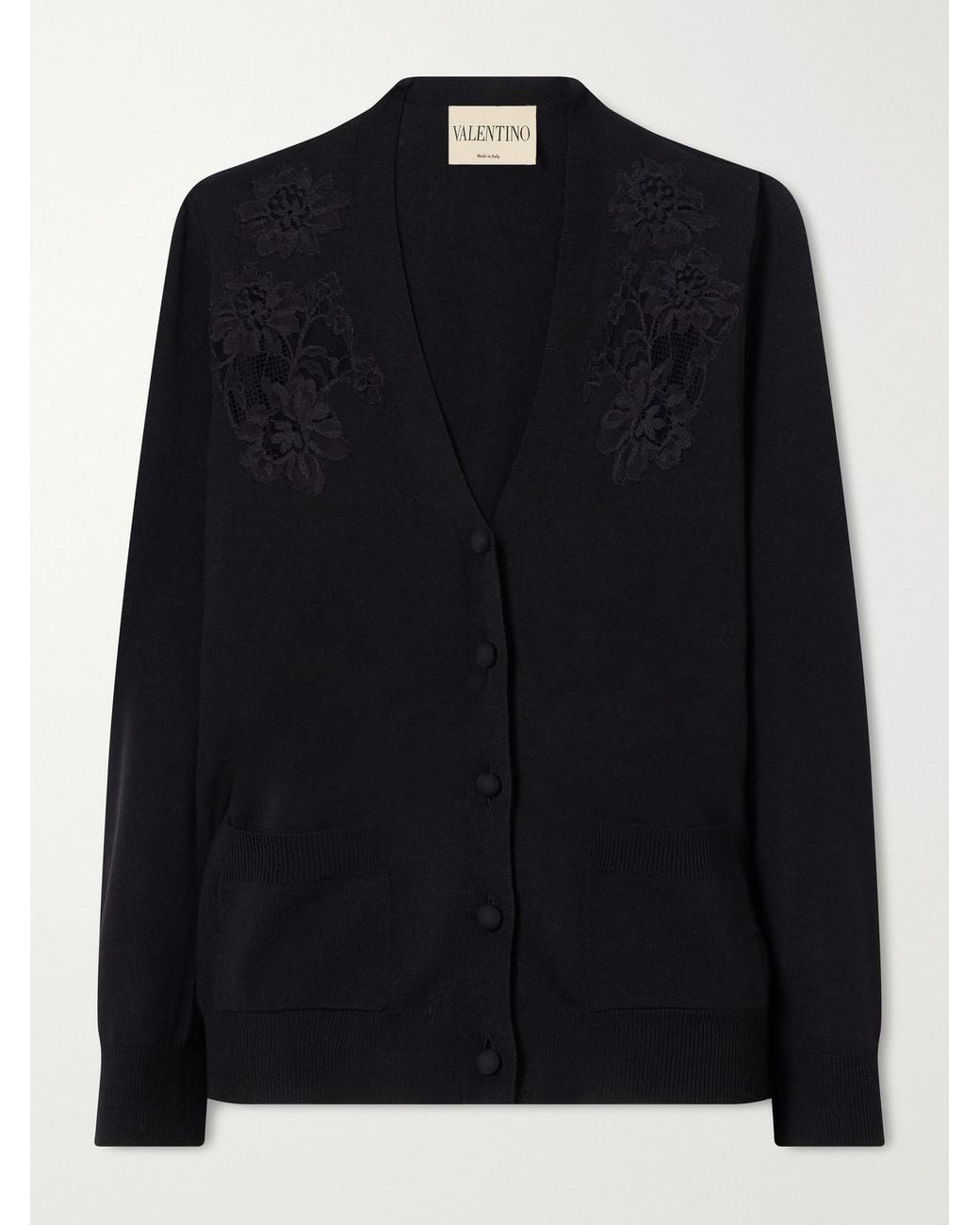 Valentino Garavani Black Lace-Trimmed Wool Cardigan