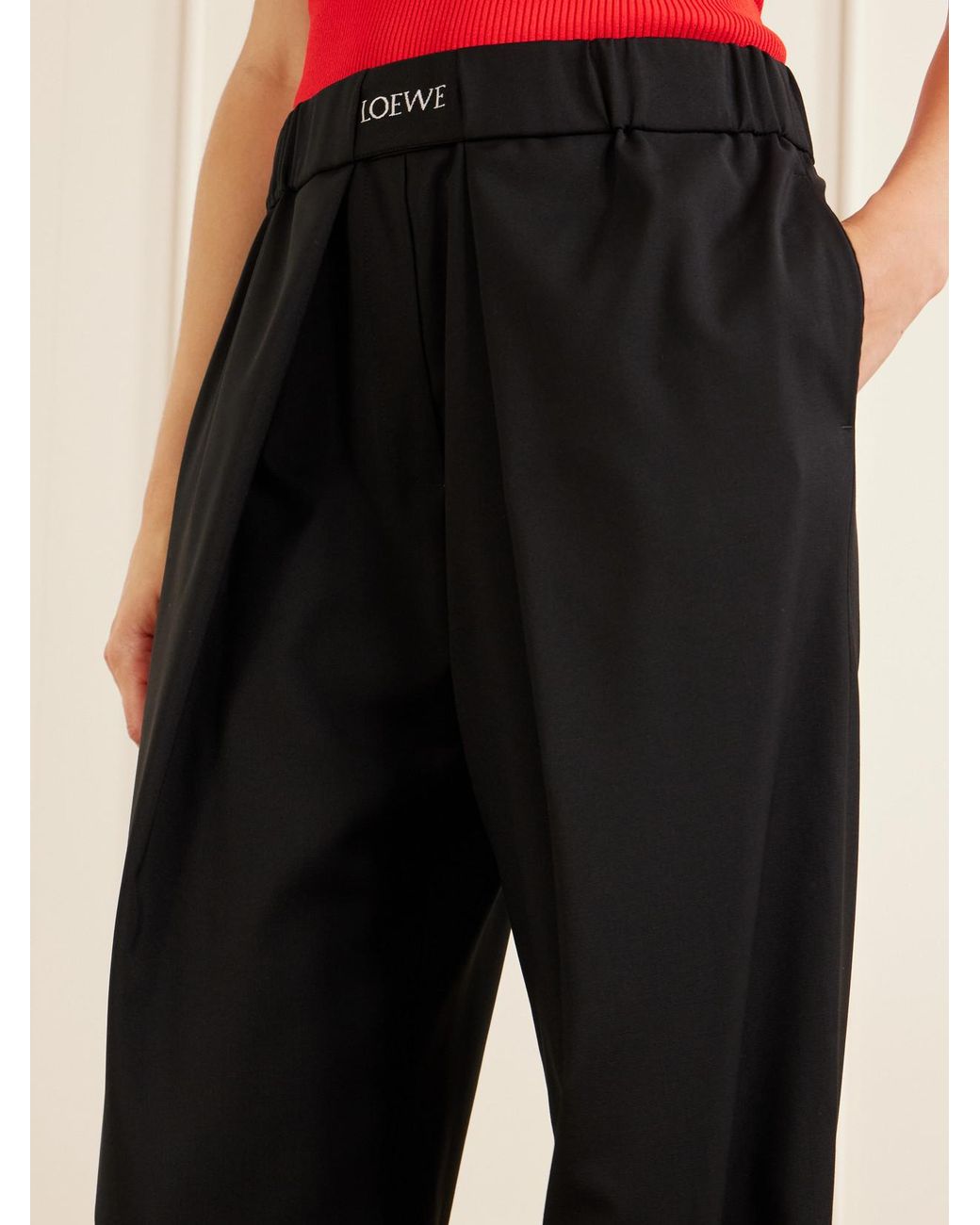 Loewe Black Logo-Embroidered Pleated Wool Mid-Rise Straight-Leg Pants