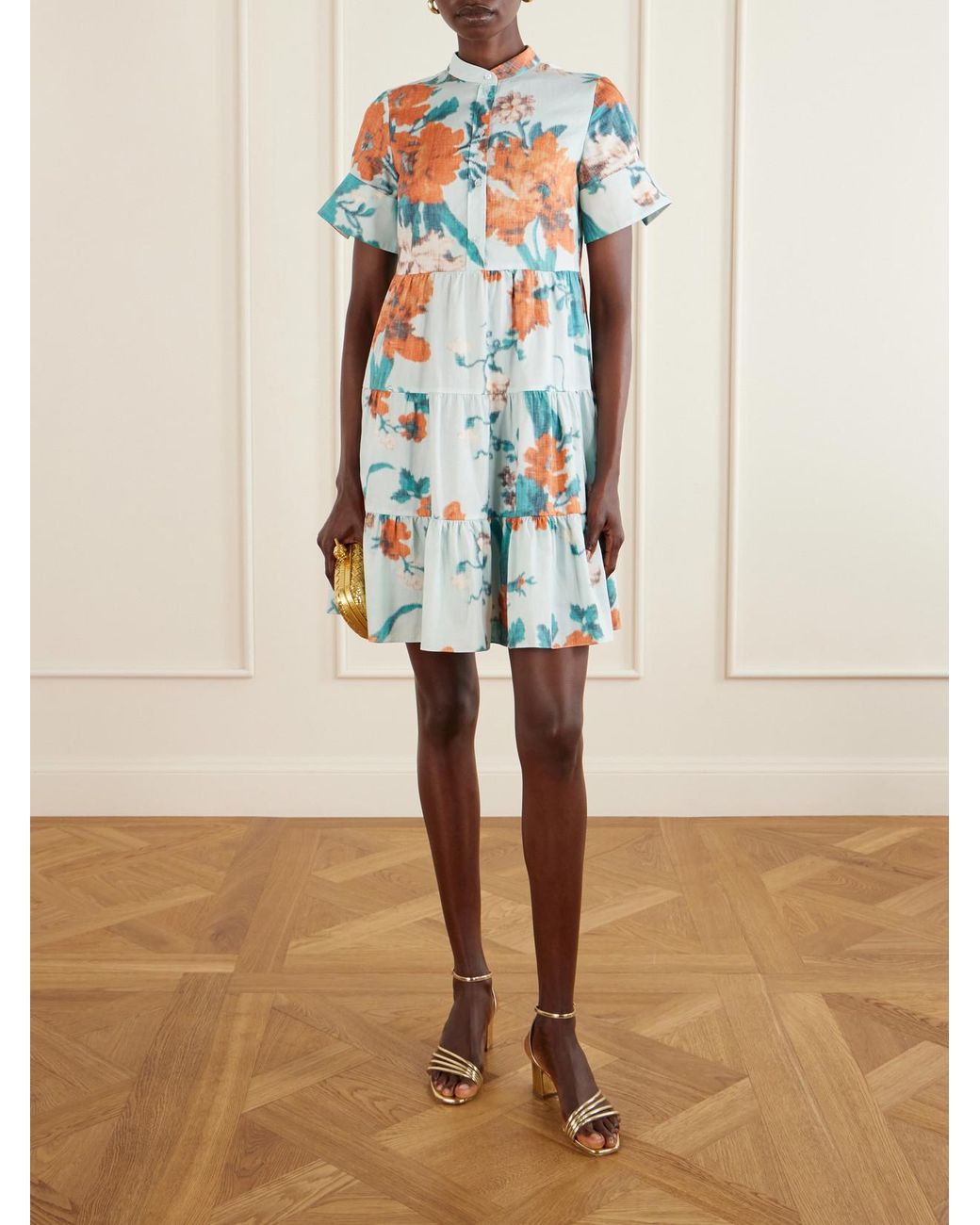 Erdem Blue Tiered Floral-Print Cotton Mini Dress