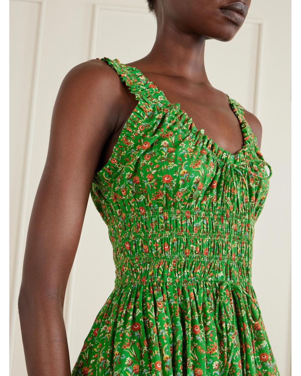 Doen Green Emmaretta Shirred Floral-Print Organic Cotton Midi Dress