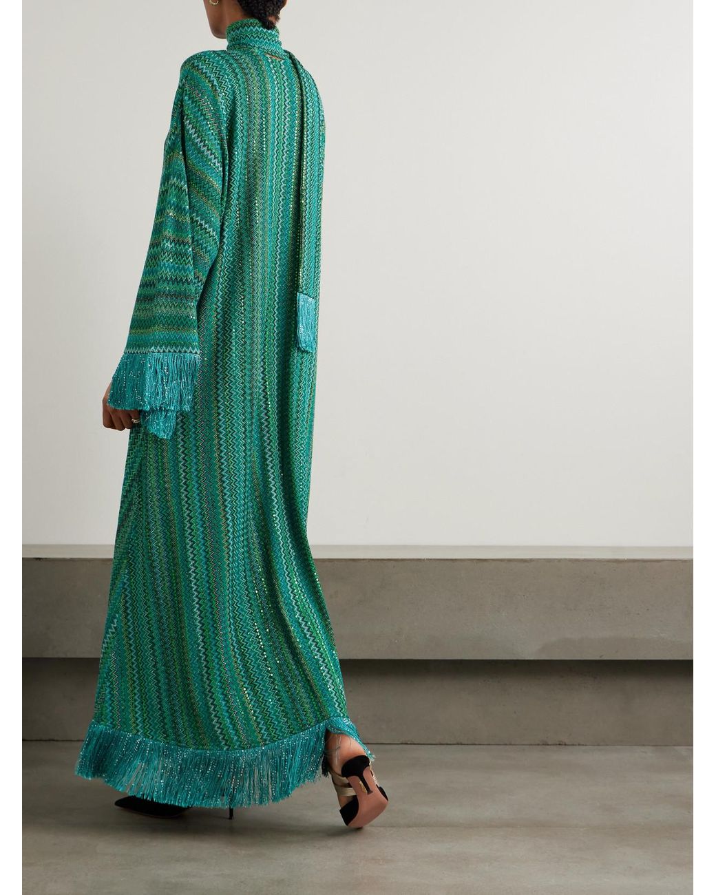 Missoni Frayed Sequined Striped Metallic Crochet-Knit Maxi Dress in Green |  Lyst