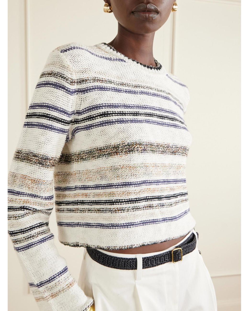 James Perse Gray Striped Knitted Cotton-Blend Sweater