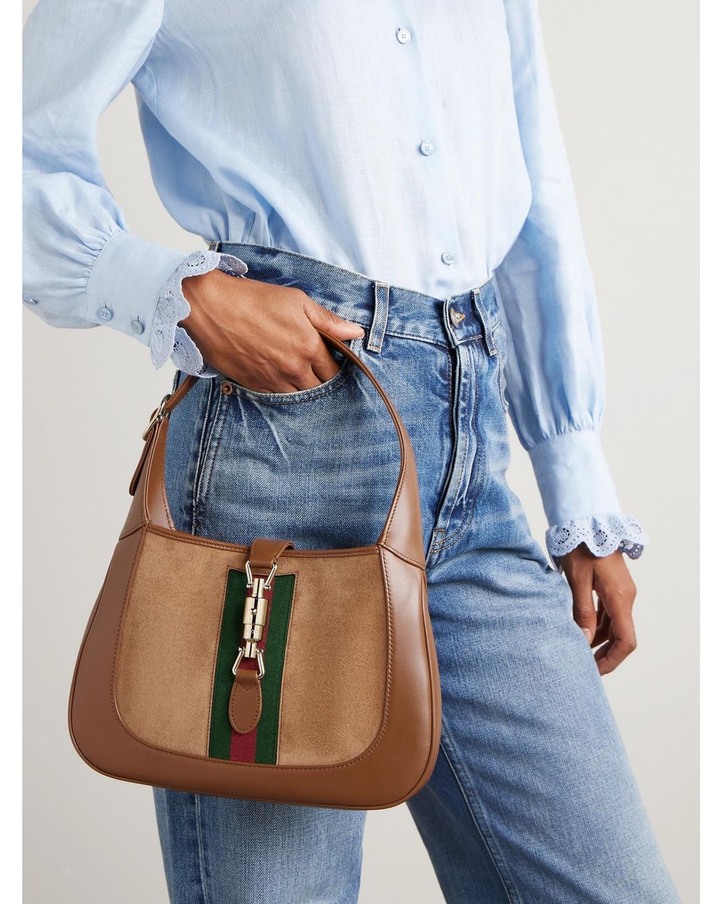 Gucci Brown Jackie 1961 Webbing-Trimmed Suede And Leather Shoulder Bag