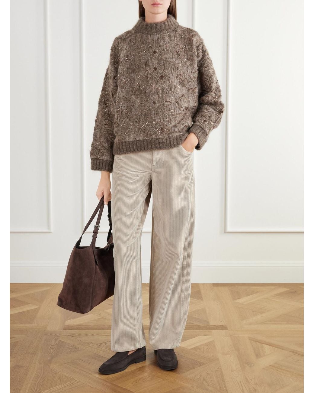 Brunello Cucinelli Brown Sequin-Embellished Jacquard Sweater