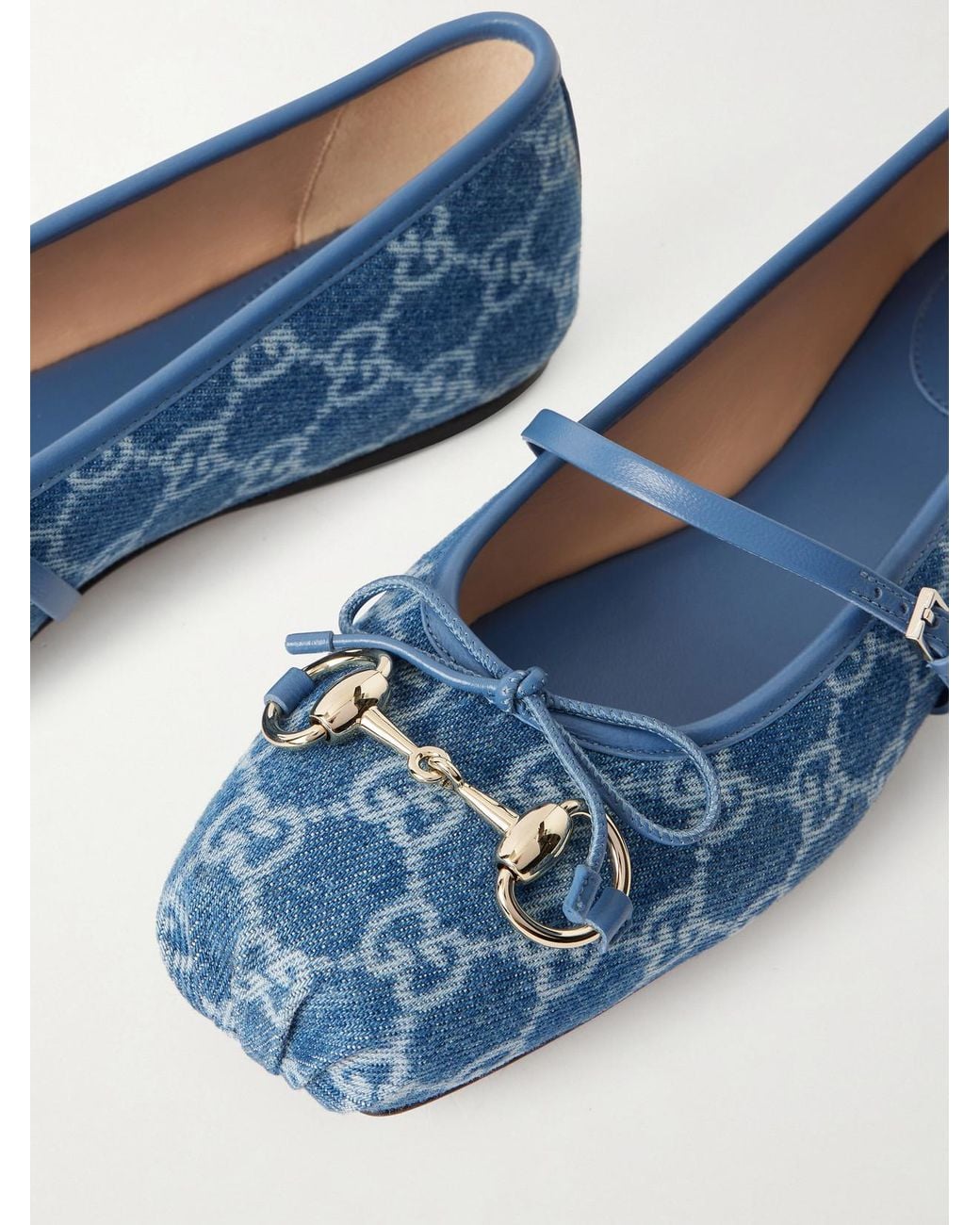 Gucci Blue Horsebit Ballerina Leather-Trimmed Denim Flats