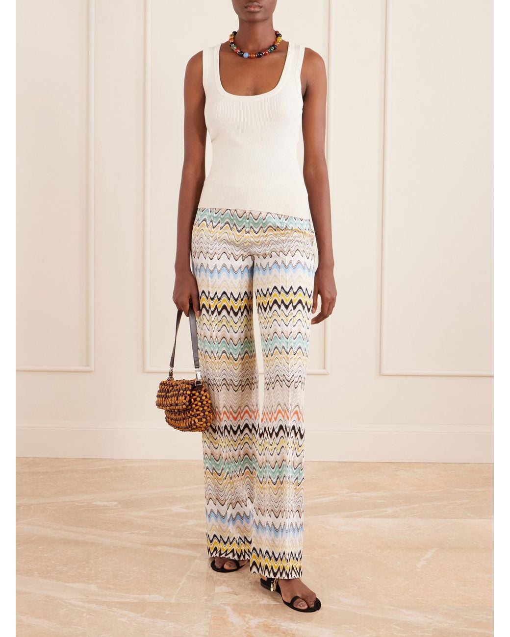 Missoni White Striped Crochet-Knit Wide-Leg Pants