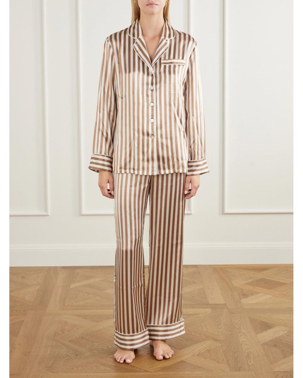 Olivia Von Halle Natural Lila Striped Silk-Satin Pajama