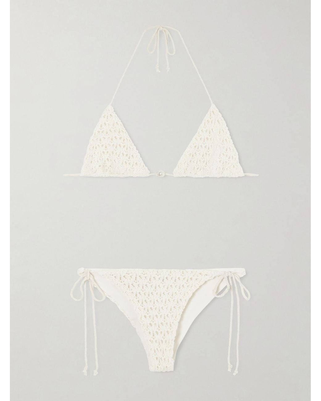 SARA CRISTINA White Pearl Crocheted Cotton Triangle Bikini