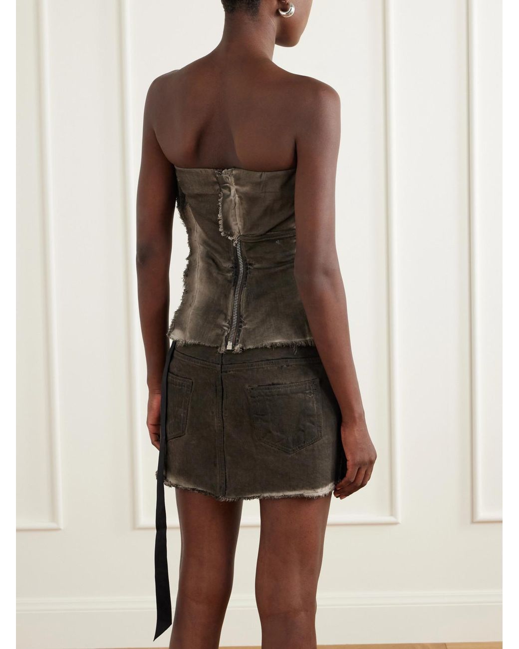 Rick Owens Green Drkshdw Paneled Frayed Stretch-Denim Top