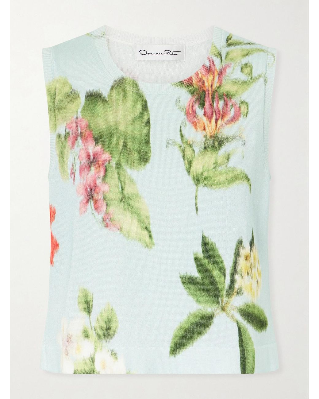 Oscar de la Renta Green Floral-Print Cotton-Blend Knitted Tank