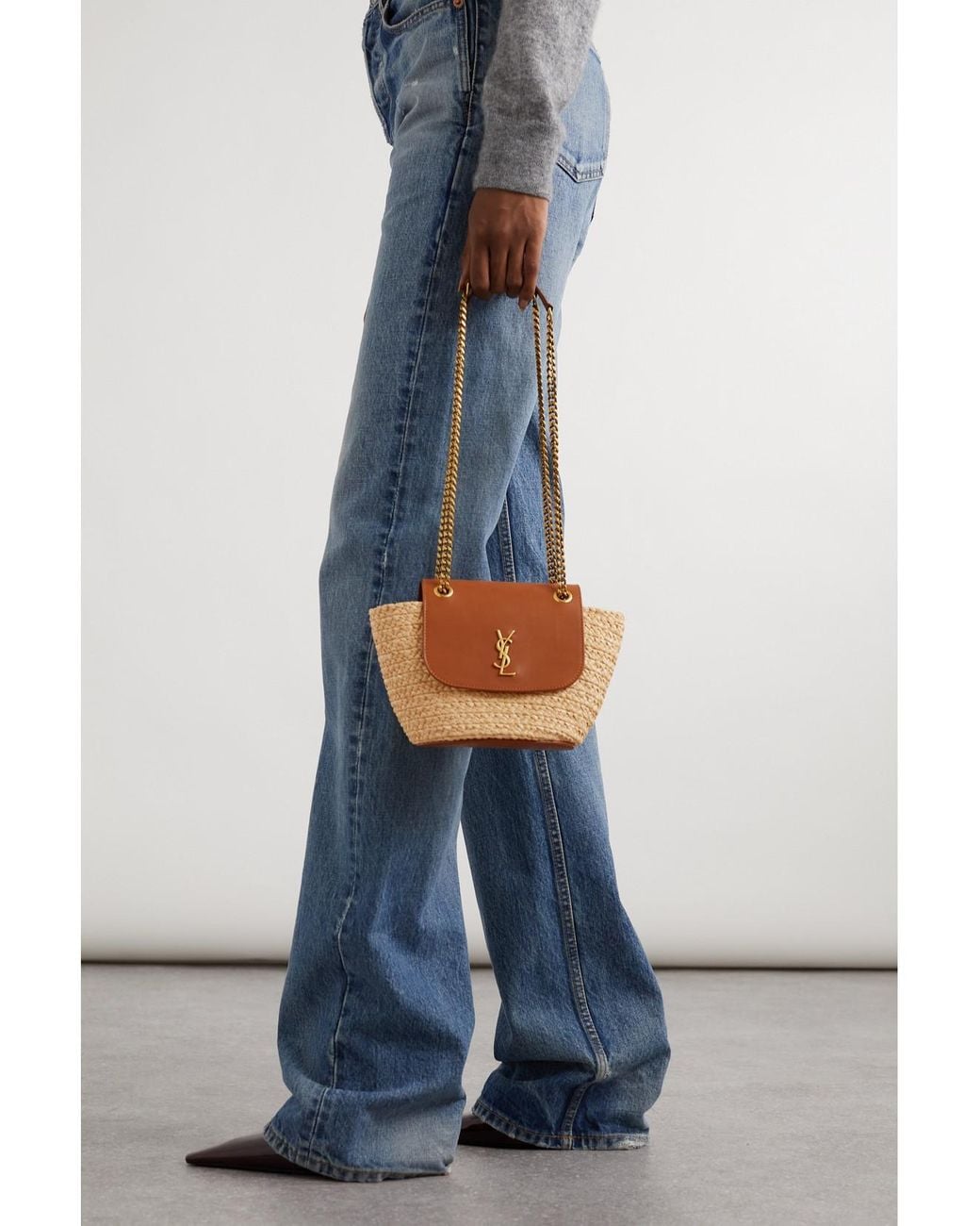 Saint Laurent Brown Manon Mini Leather-Trimmed Raffia Shoulder Bag