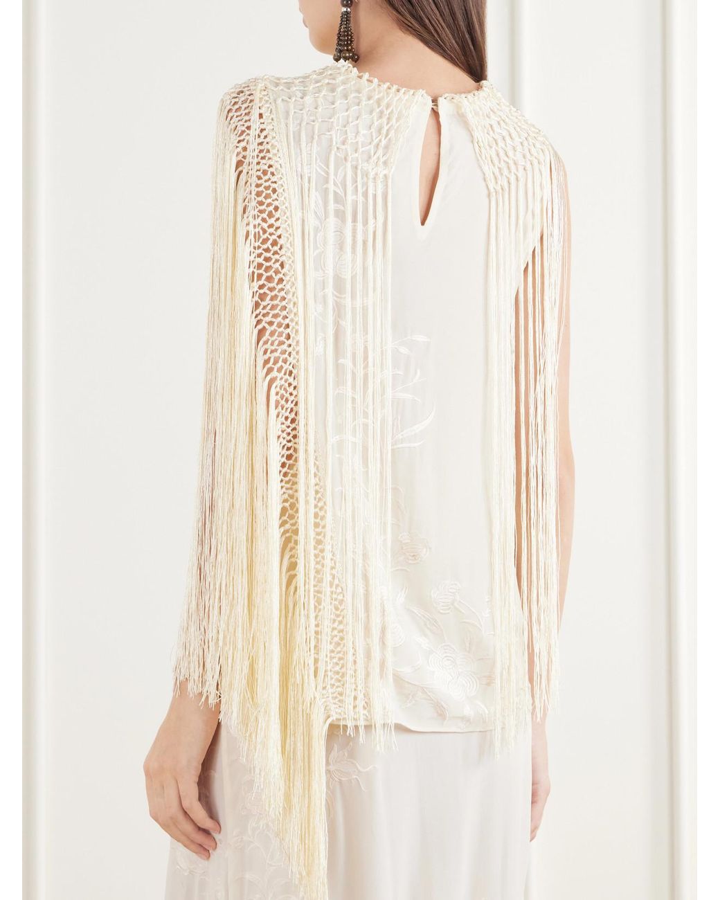 Ulla Johnson White Willa Fringed Embroidered Silk-Crepe De Chine Blouse