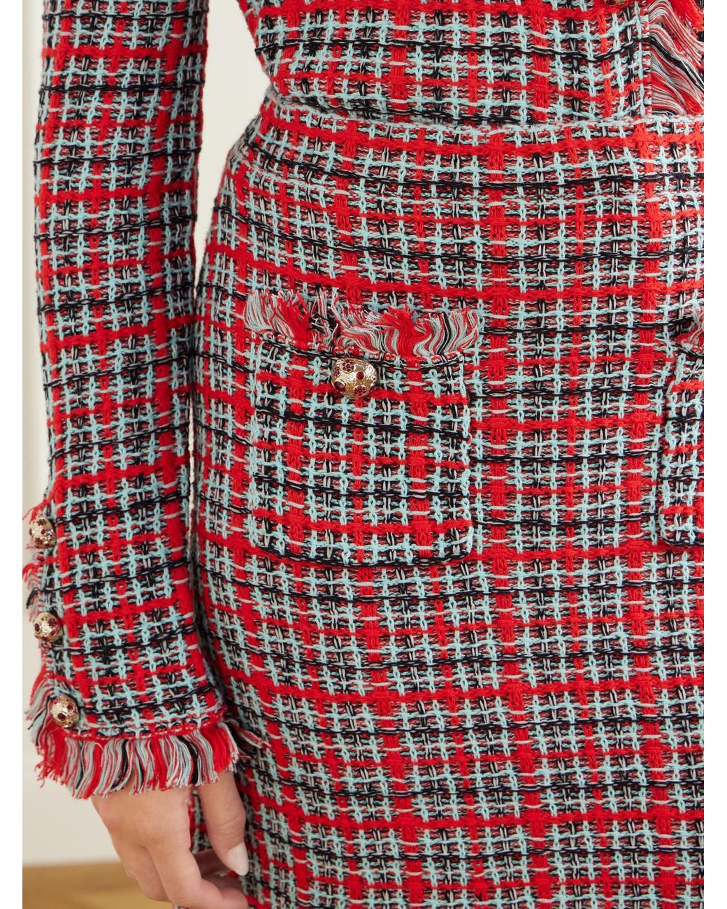 Self-Portrait Red Frayed Wool And Cotton-Blend Tweed Midi Skirt