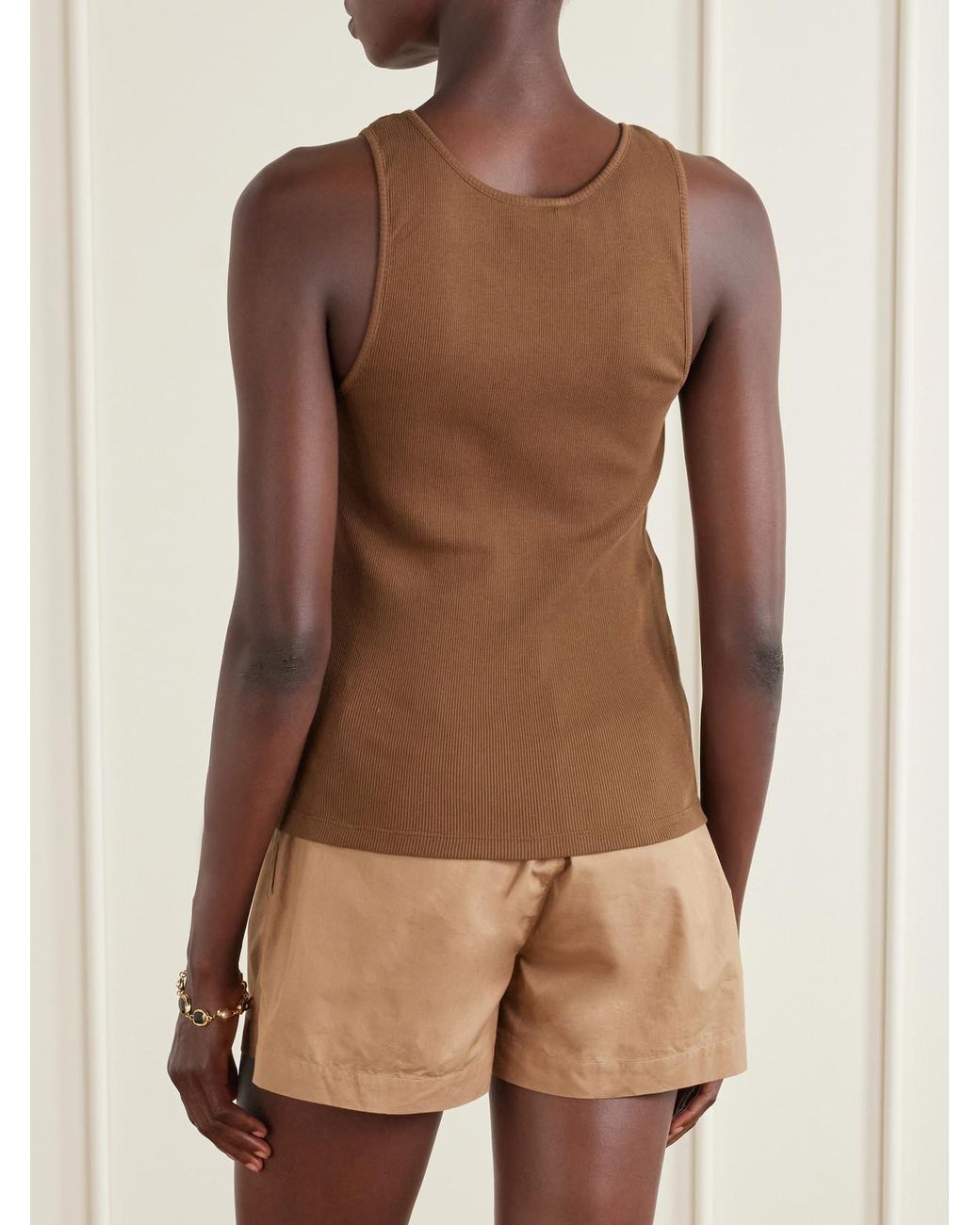 Saint Laurent Brown Cassandre Embroidered Ribbed Cotton-Jersey Tank