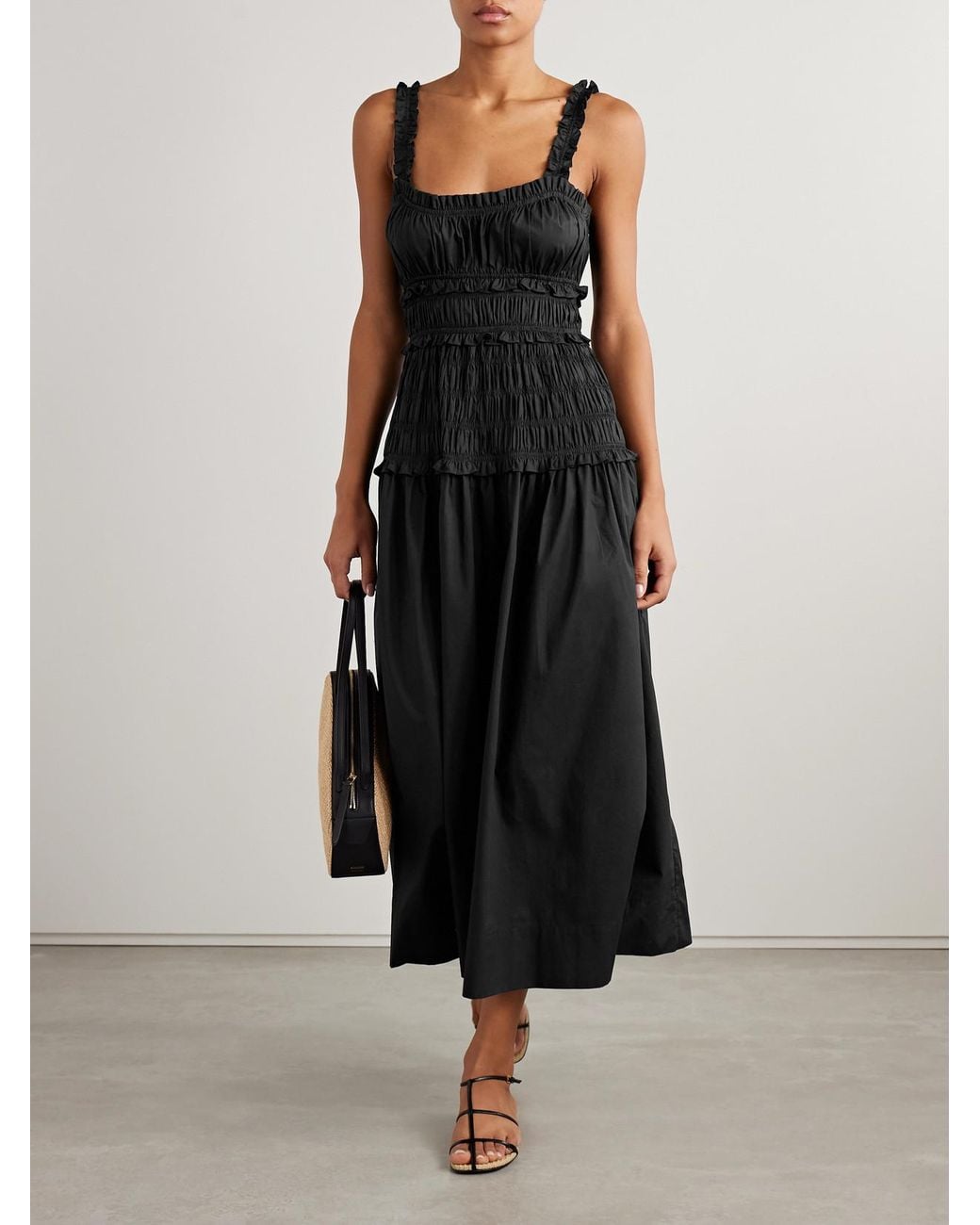 Doen Black Marianne Shirred Organic Cotton-Poplin Midi Dress