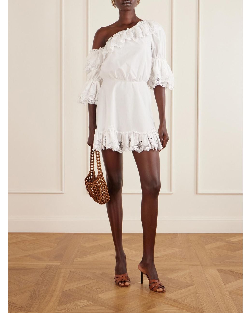 Saint Laurent Natural One-Shoulder Guipure-Lace Trimmed Cotton-Poplin Mini Dress