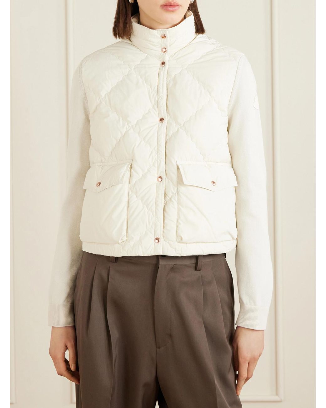 Moncler Natural Cropped Knitted And Padded Quilted Shell Down Cardigan
