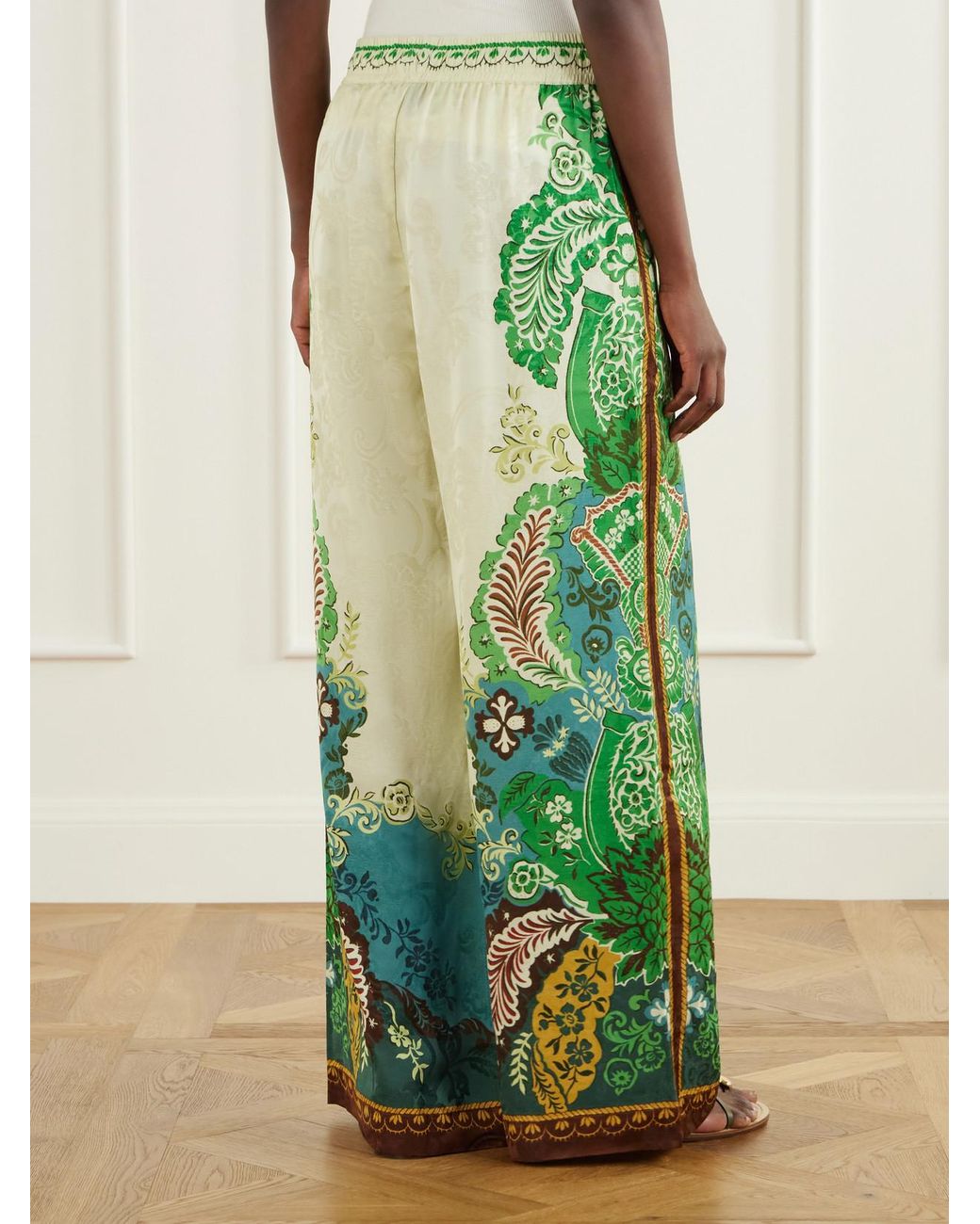 ALÉMAIS Green Florence Drawstring Floral-Print Satin-Jacquard Wide-Leg Pants