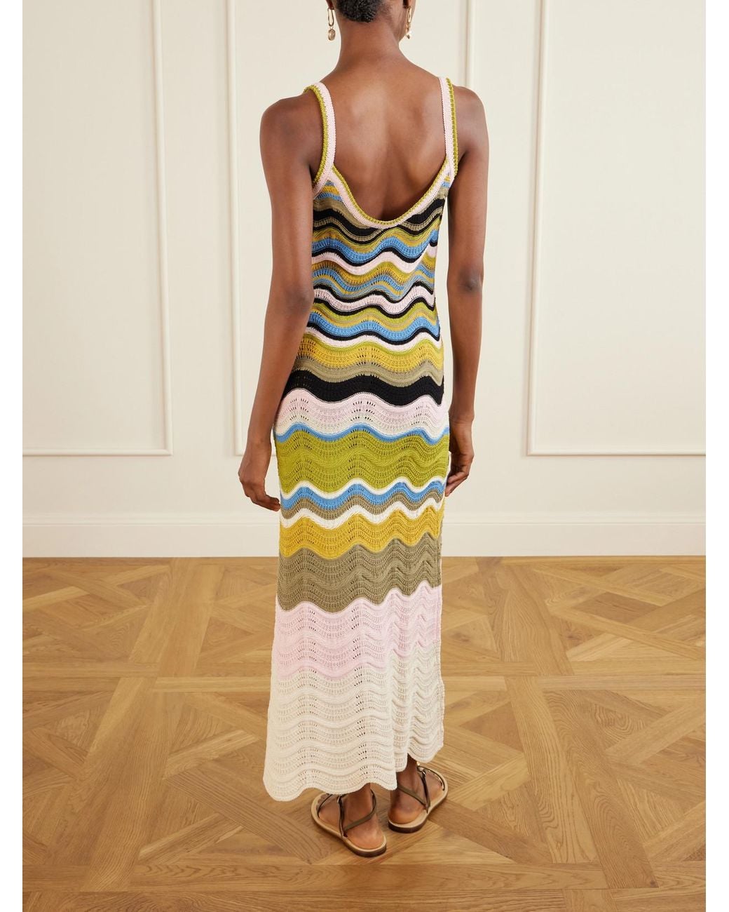 LaDoubleJ White Scalloped Striped Crocheted Cotton Maxi Dress