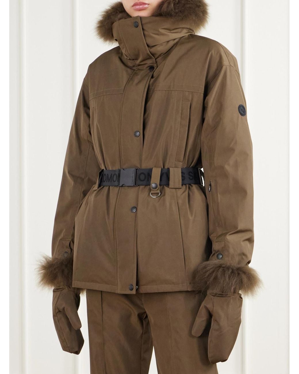 Yves Salomon Green Belted Hooded Shearling-Trimmed Shell Ski Jacket