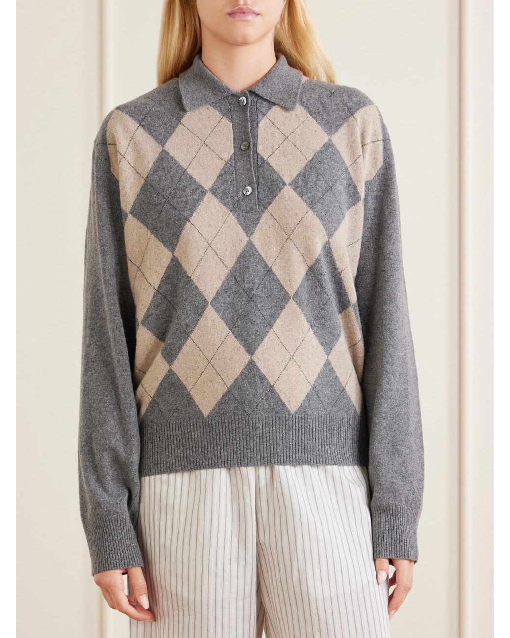 Rohe Gray Argyle Cashmere, Wool And Silk-Blend Polo Sweater