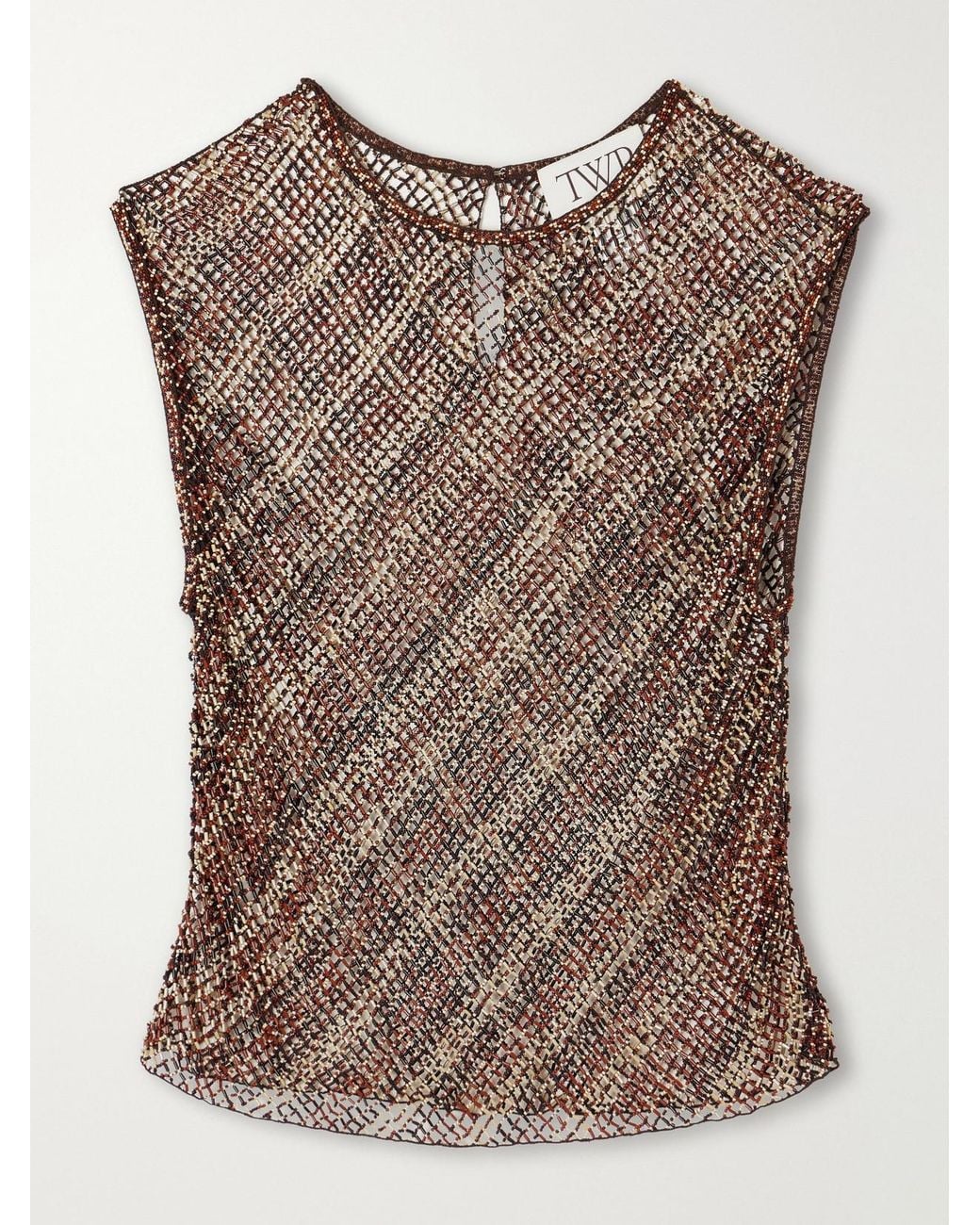 Twp Brown Beaded Open-Knit Tank