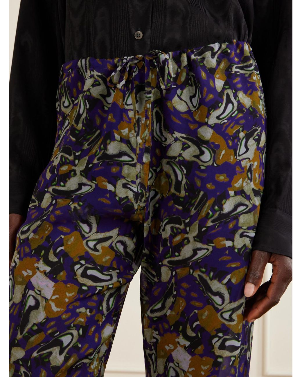Dries Van Noten Blue Printed Georgette Straight-Leg Pants