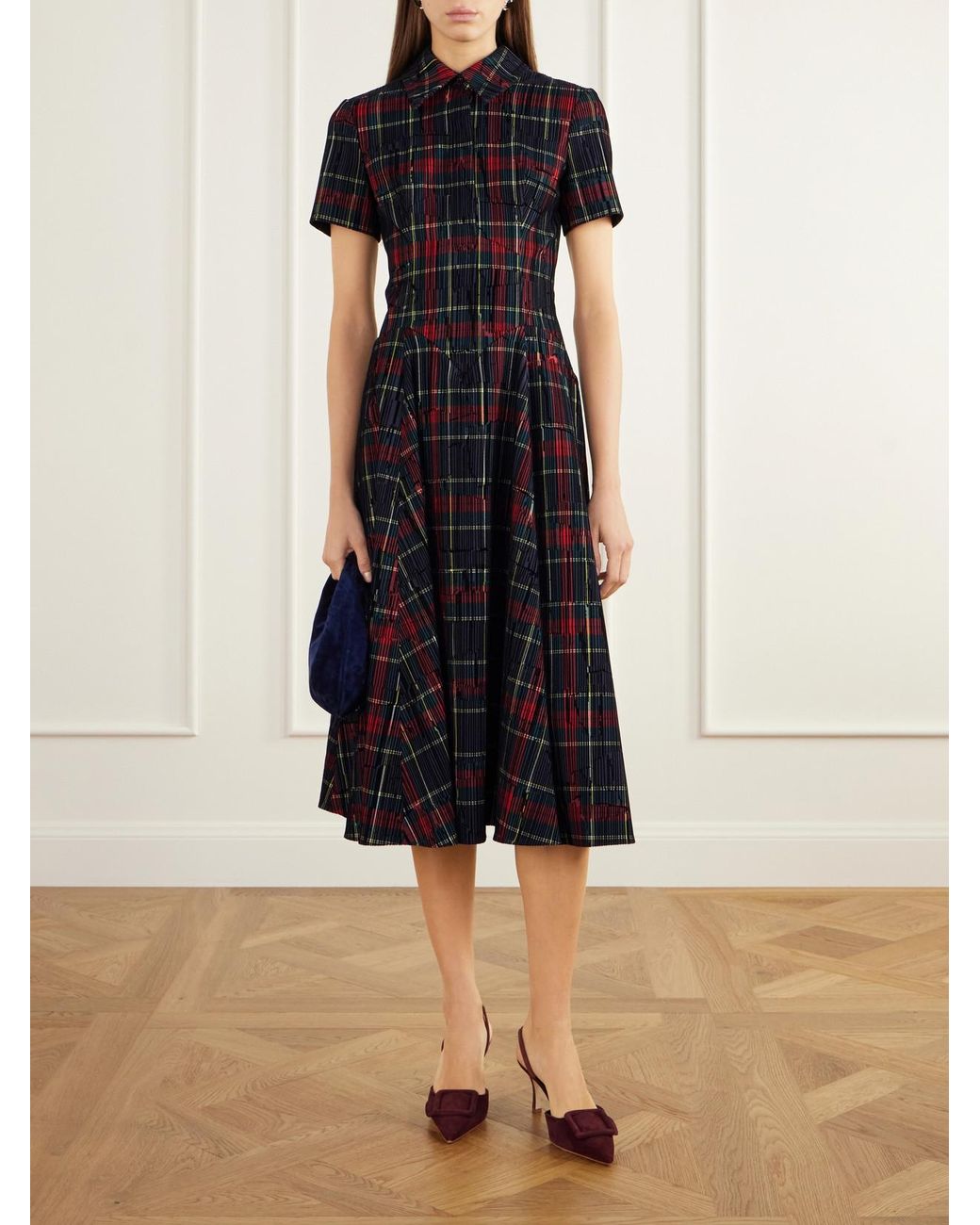 Emilia Wickstead Black Jody Checked Flocked Velvet-Trimmed Gabardine Midi Dress