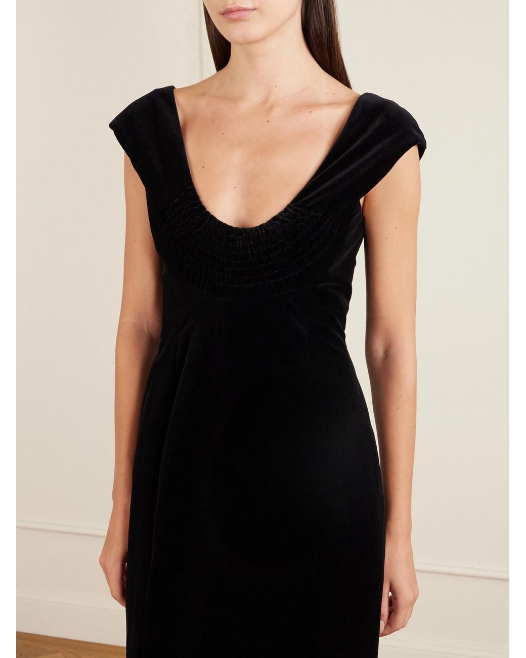 Colleen Allen Black Shirred Cotton-Velvet Gown