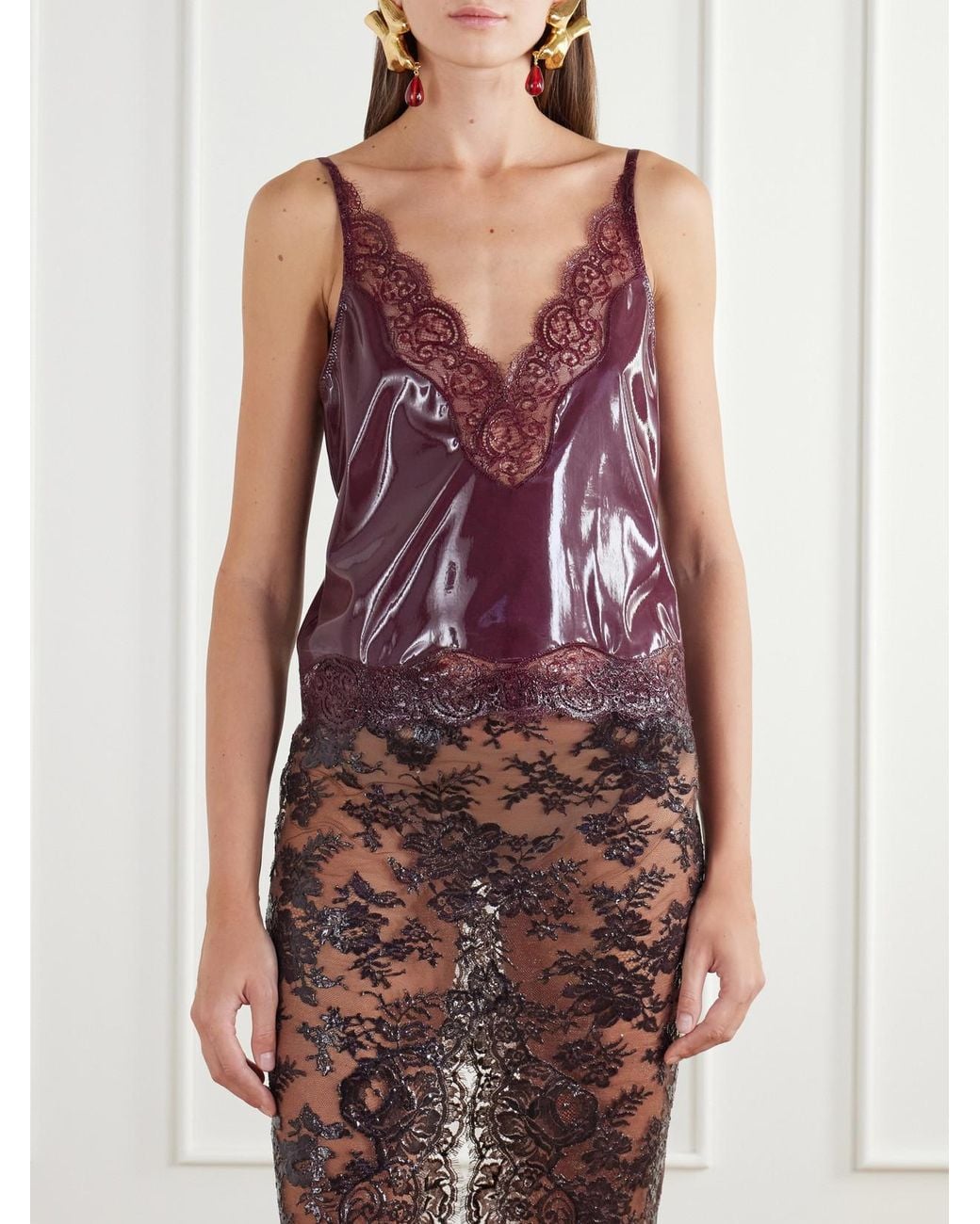 Saint Laurent Purple Lace-Trimmed Silicone-Coated Silk-Jersey Cami