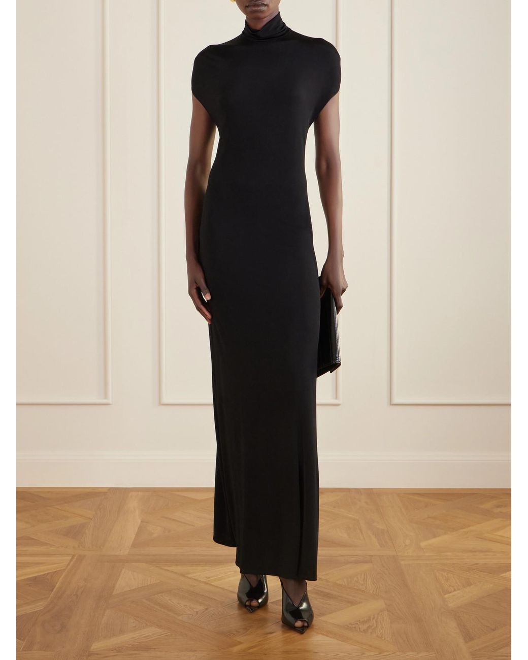 Colleen Allen Black Open-Back Jersey Turtleneck Gown