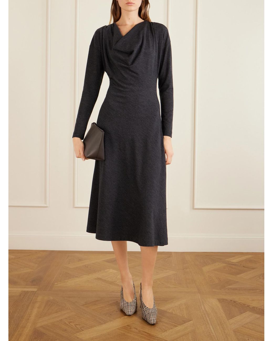 Brunello Cucinelli Black Draped Wool-Blend Jersey Dress