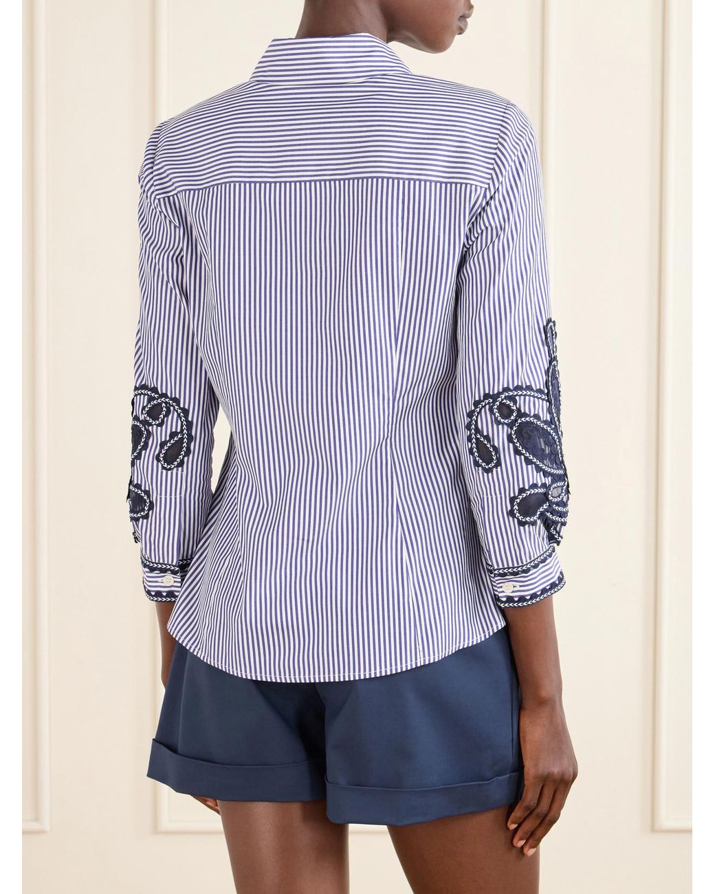 Carolina Herrera Blue Embroidered Striped Cotton-Poplin Shirt
