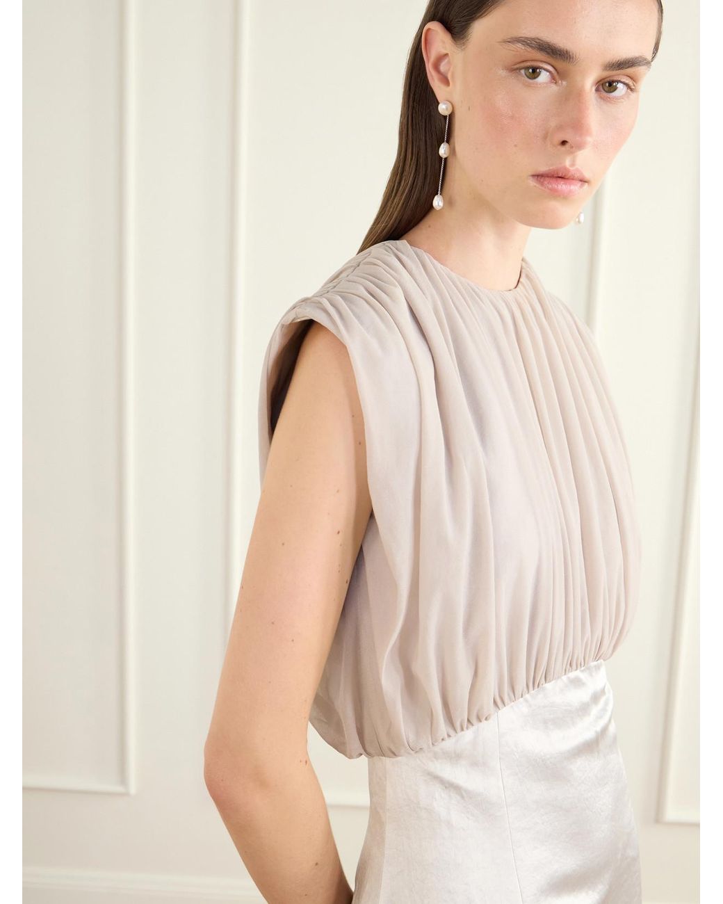 Abadia White Gilda Draped Satin And Crepe Mini Dress