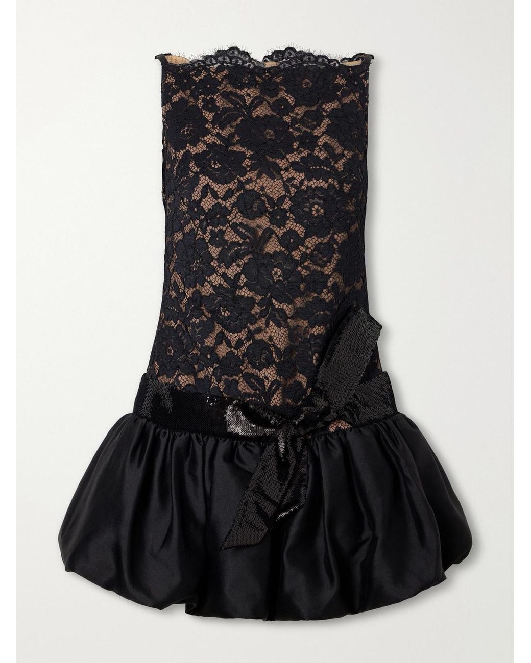 Self-Portrait Black Sequined-Trimmed Satin And Lace Mini Dress