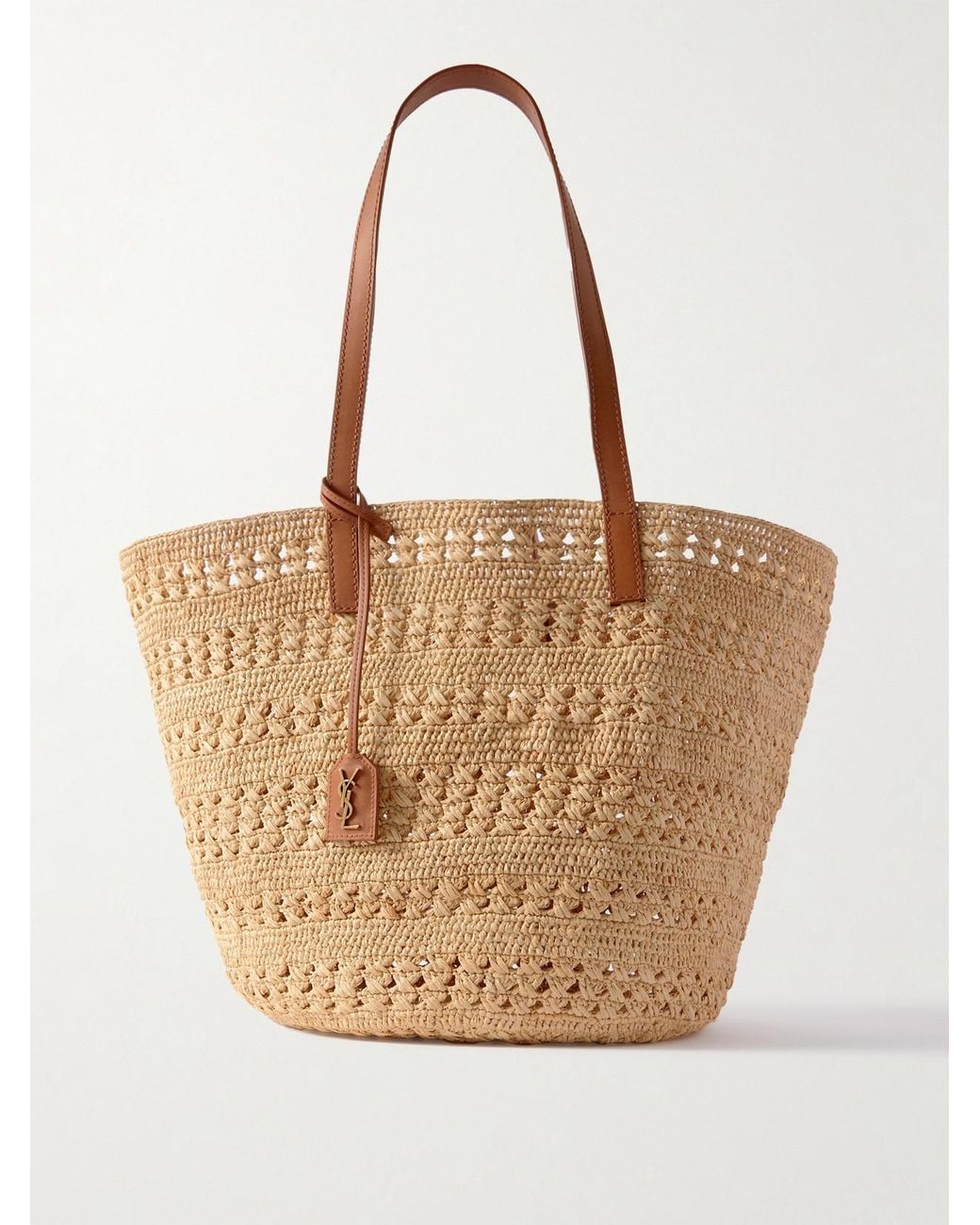Saint Laurent Natural Panier Medium Leather-Trimmed Raffia Tote