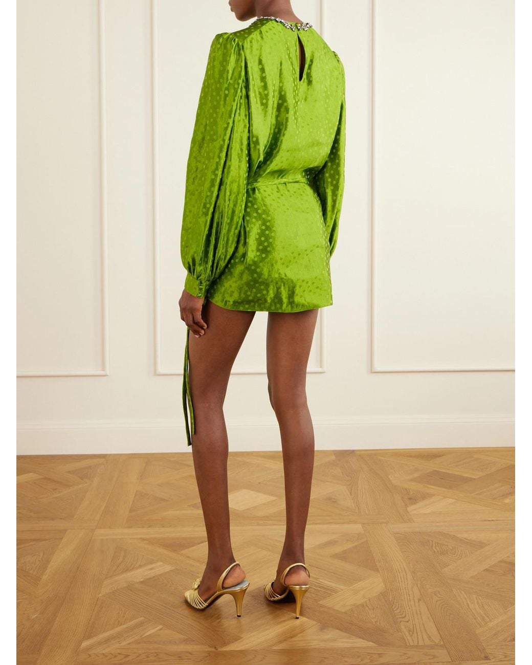 Valentino Garavani Green Belted Crystal-Embellished Polka-Dot Devoré Linen And Silk-Blend Mini Dress