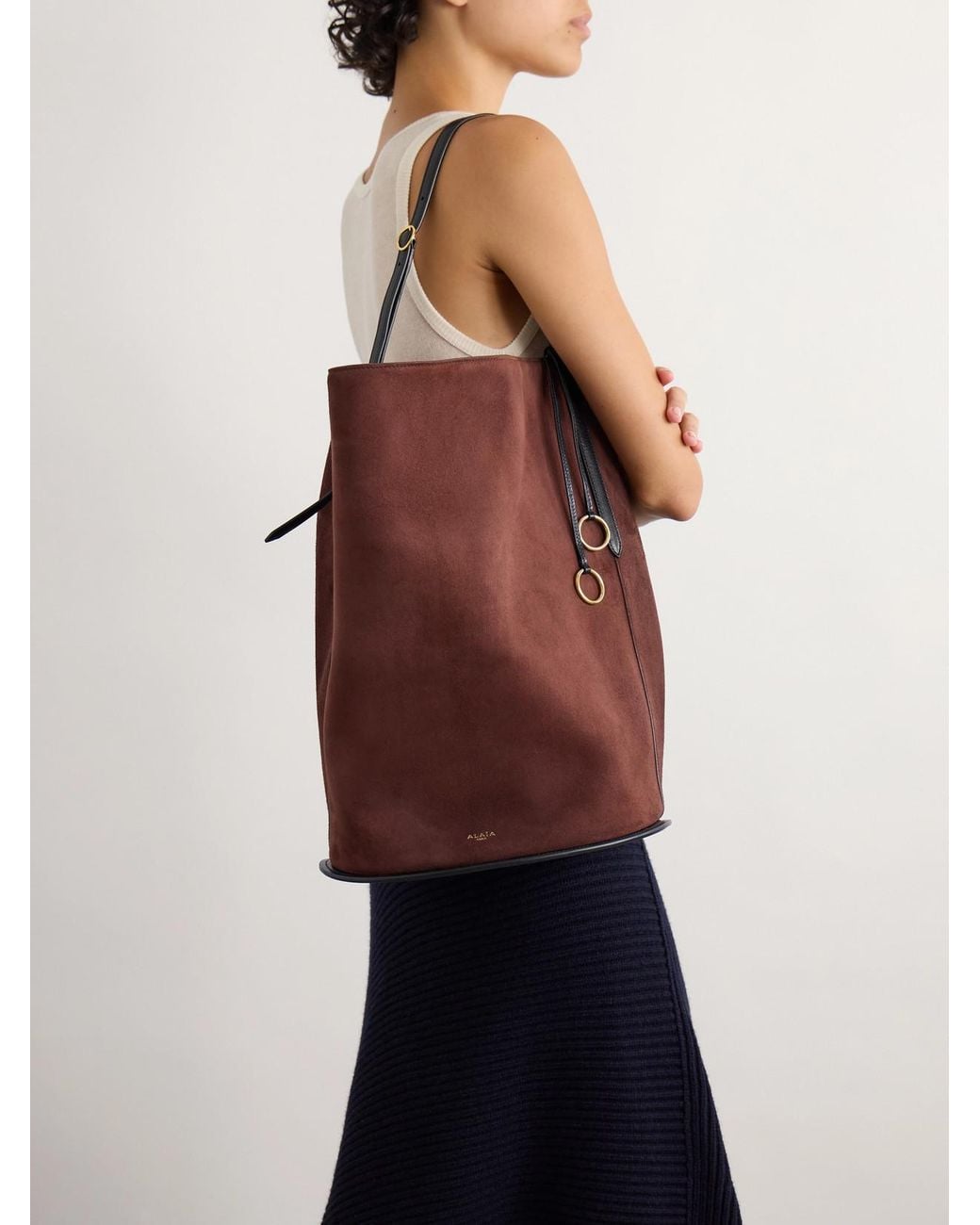Alaïa Red Hip Large Logo-Detailed Leather-Trimmed Suede Bucket Bag