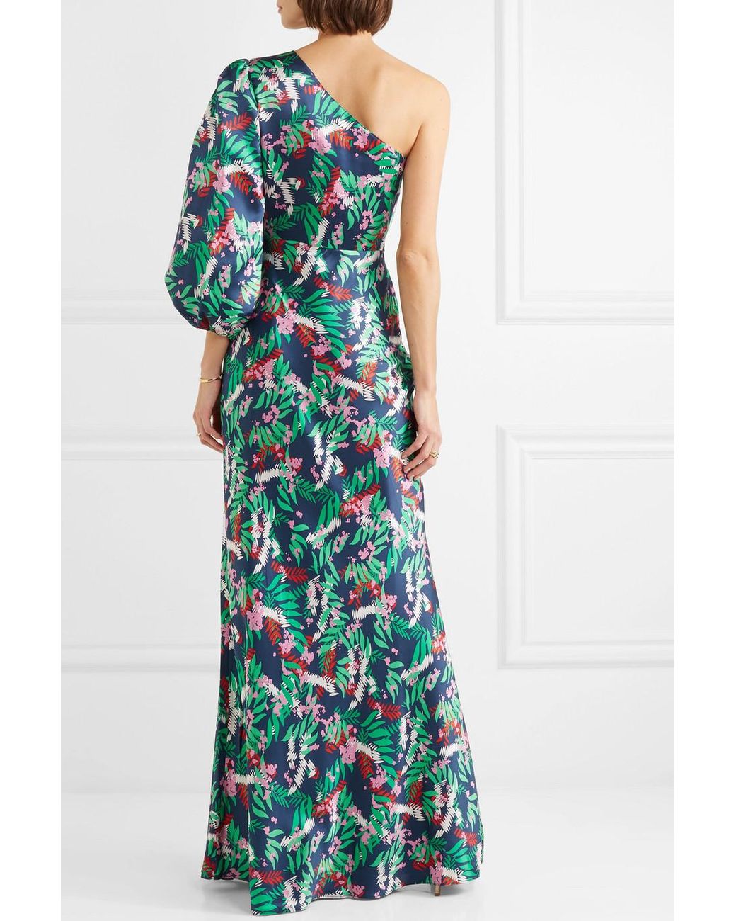 Saloni Lily One shoulder Printed Silk satin Maxi Dress in Green Lyst