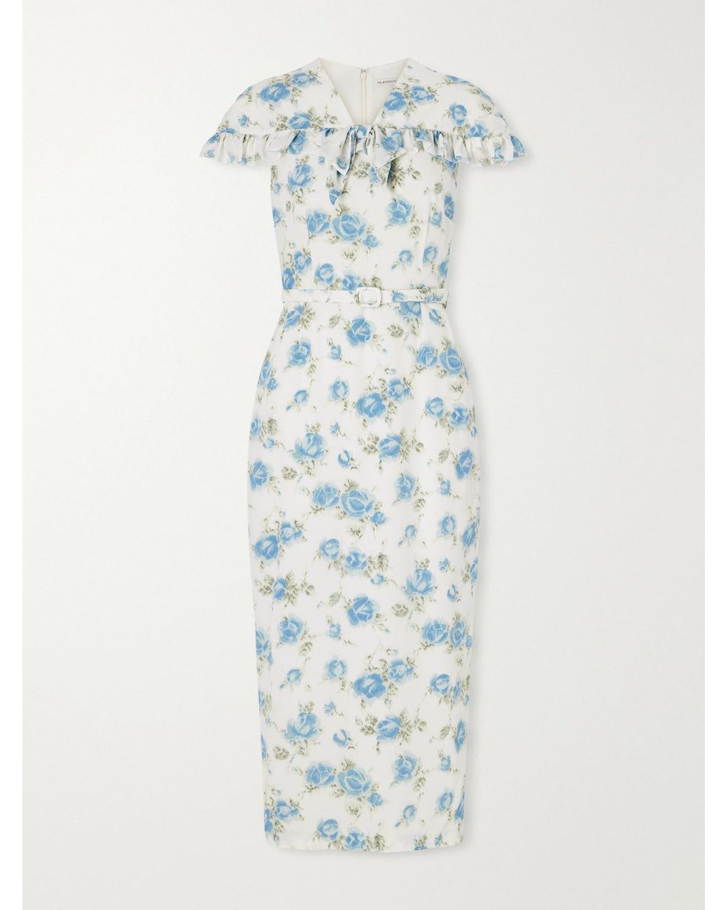 Alessandra Rich Blue Belted Floral-Print Ruffle-Trim Silk-Crepe Midi Dress