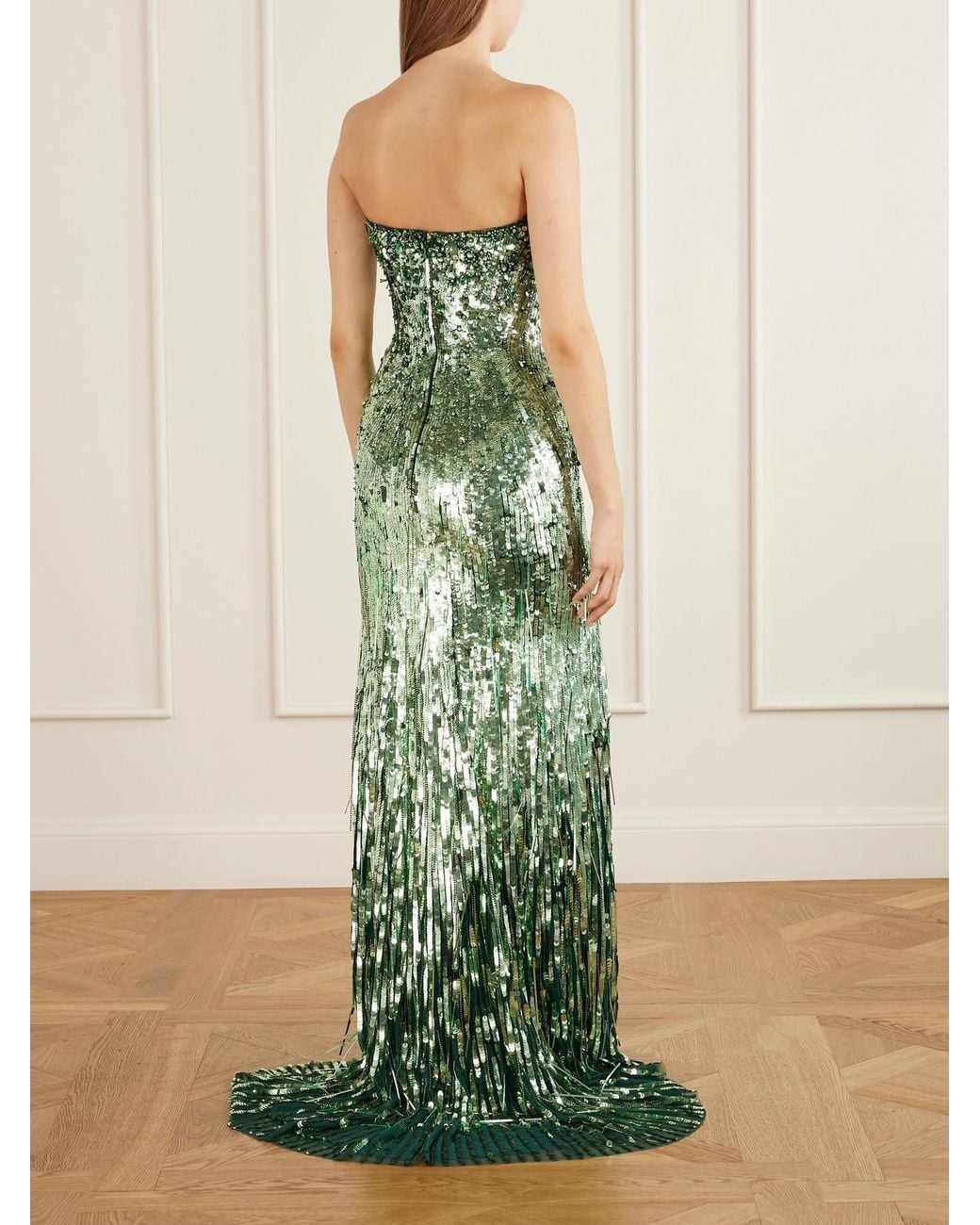 Jenny Packham Green Kimi Frayed Sequined Tulle Gown