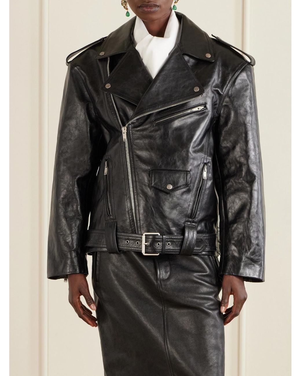 Saint Laurent Black Glossed Textured-Leather Biker Jacket