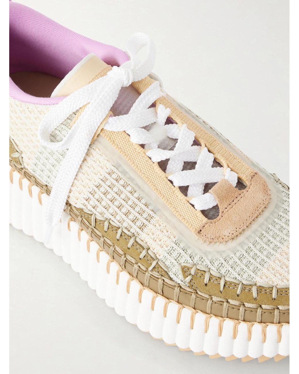 Chloé Natural Nama Embroidered Suede And Recycled-Mesh Sneakers