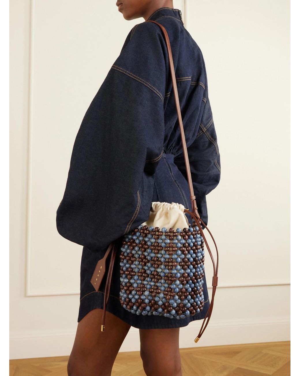 Marni Black Leather-Trimmed Beaded Wood And Canvas Tote