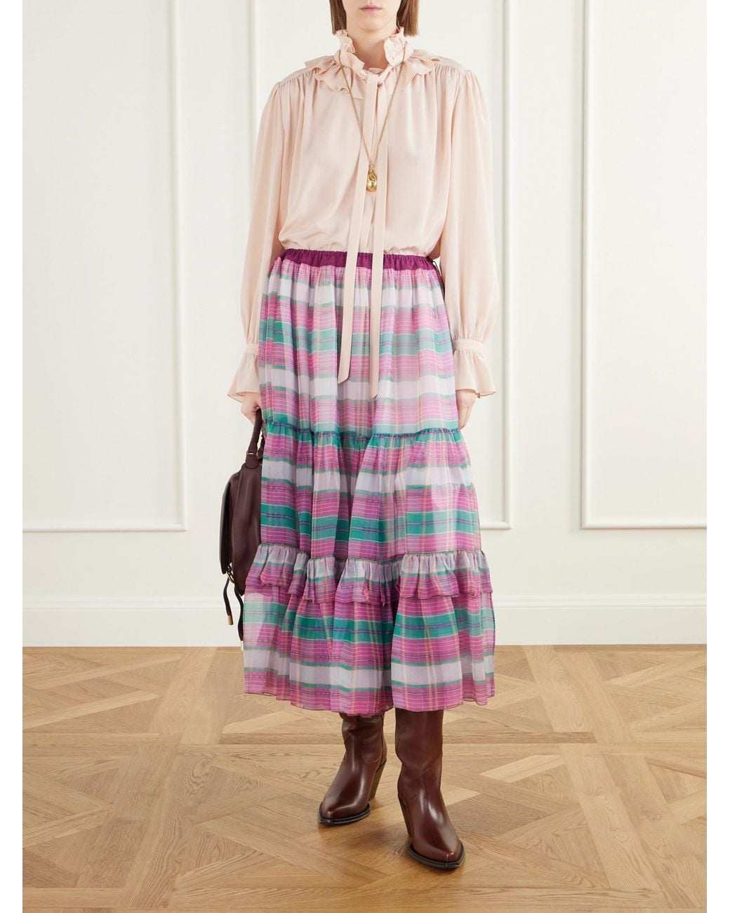 Chloé White Drawstring Ruffled Checked Silk-Mousseline Maxi Skirt