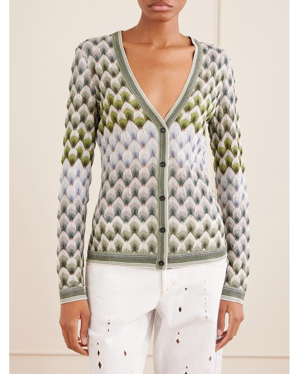 Missoni Gray Striped Metallic Crochet-Knit Cardigan